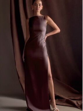 Meshki Chocolate Brown Satin Floor-Length Gown